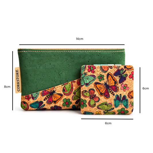 CONNIE sustainable cosmetic bag and mirror showing dimensions — FSC cork natural