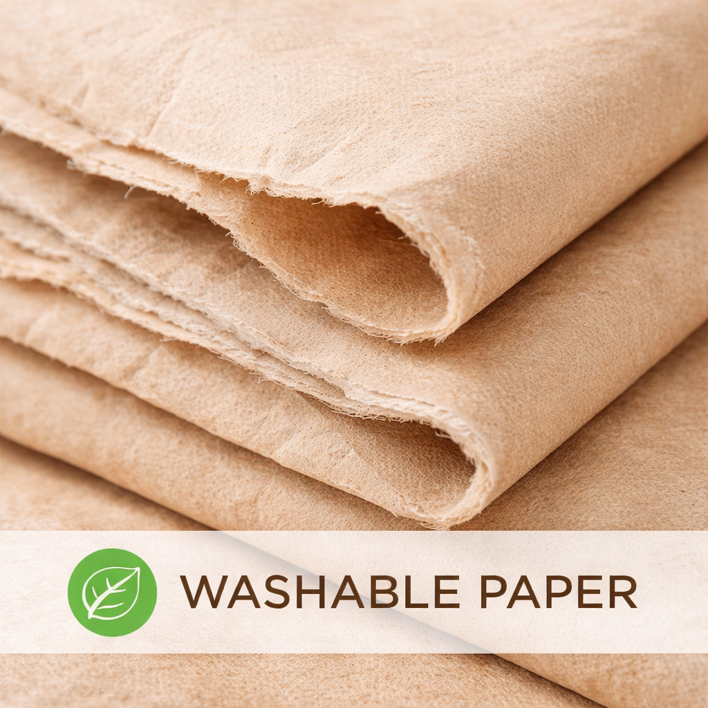 Stack of brown washable paper with a green leaf icon