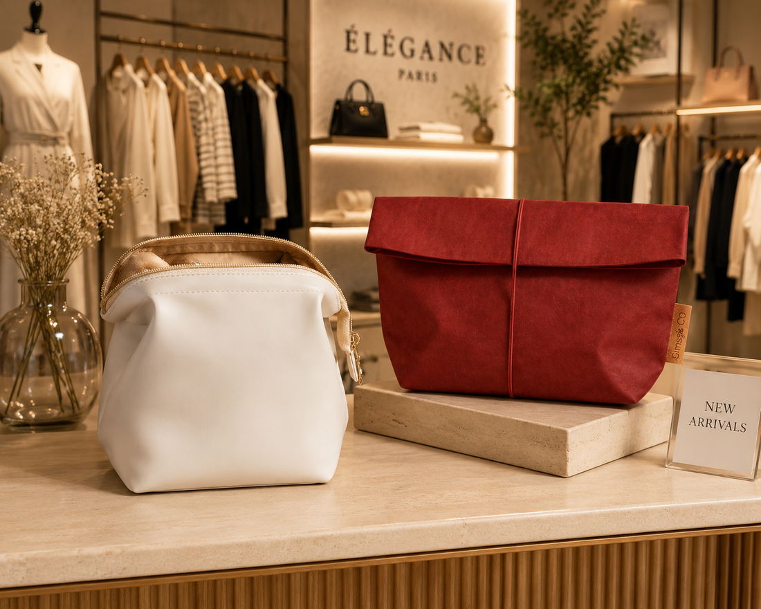 LIBBY and ELSA cosmetic bags on display in fashion boutique