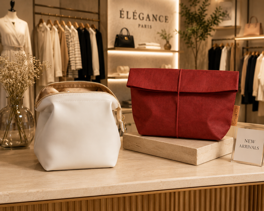 LIBBY and ELSA cosmetic bags on display in fashion boutique