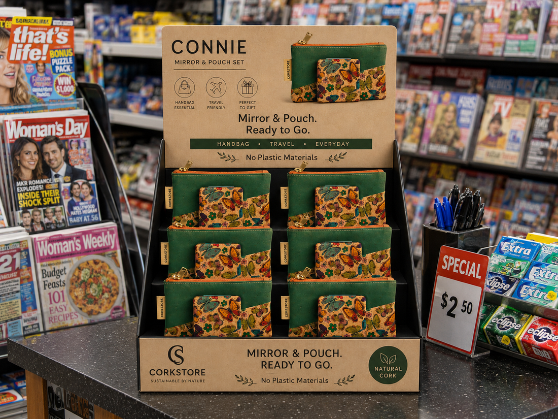 tray of CONNIE cork compact purse and mirror duo on sale in convenience store newsagency