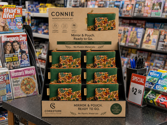 tray of CONNIE cork compact purse and mirror duo on sale in convenience store newsagency