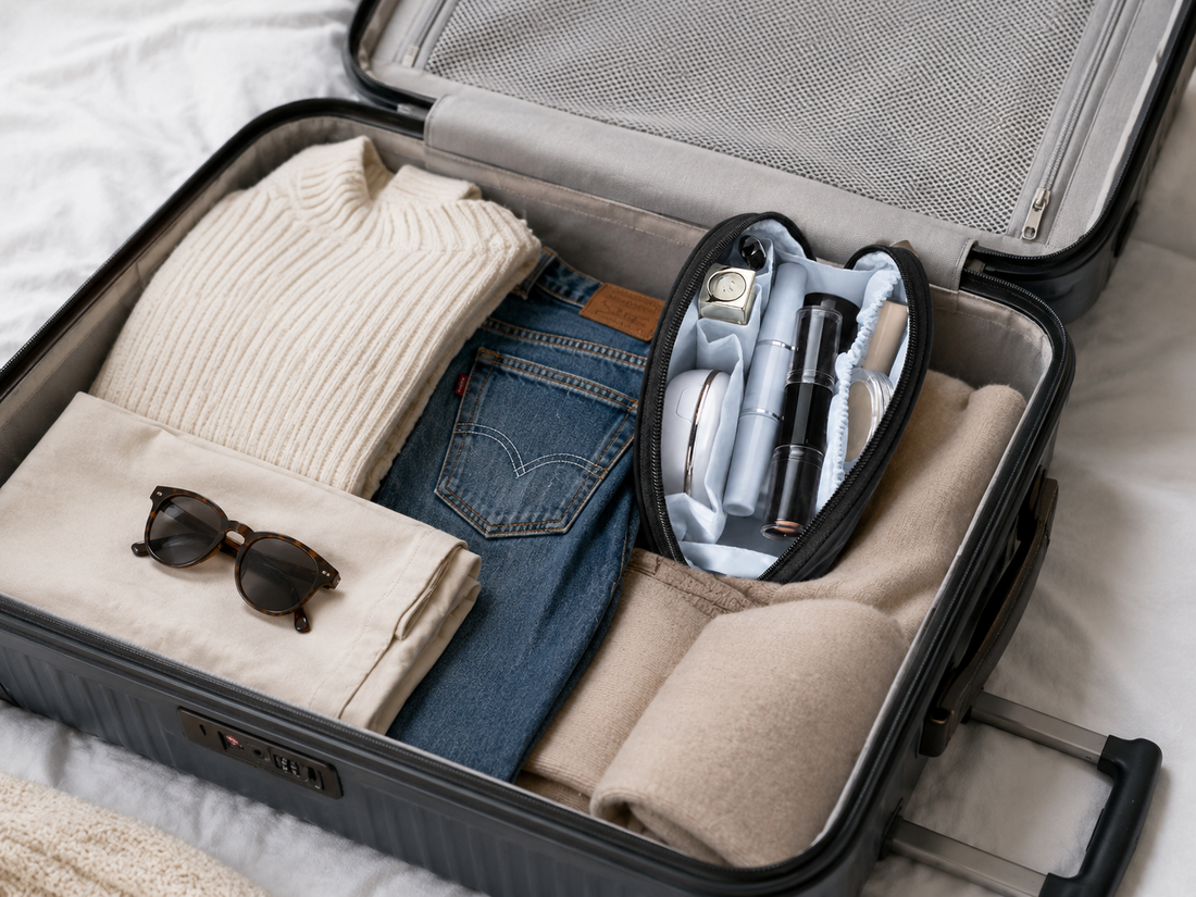 open eco travel pouch in open suitcase