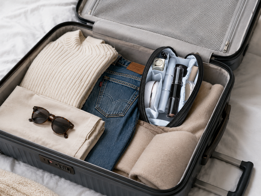 open eco travel pouch in open suitcase