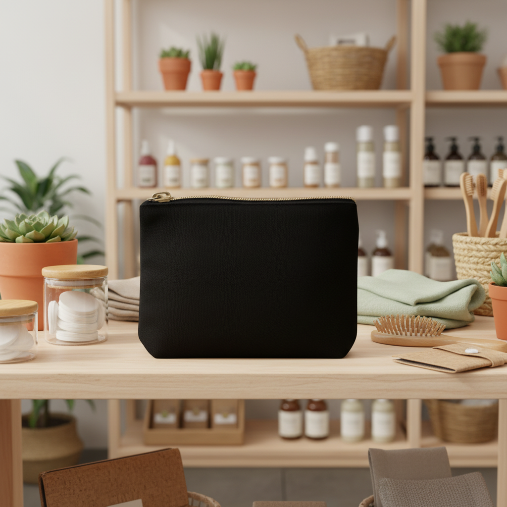 black canvas cosmetics bag on store counter