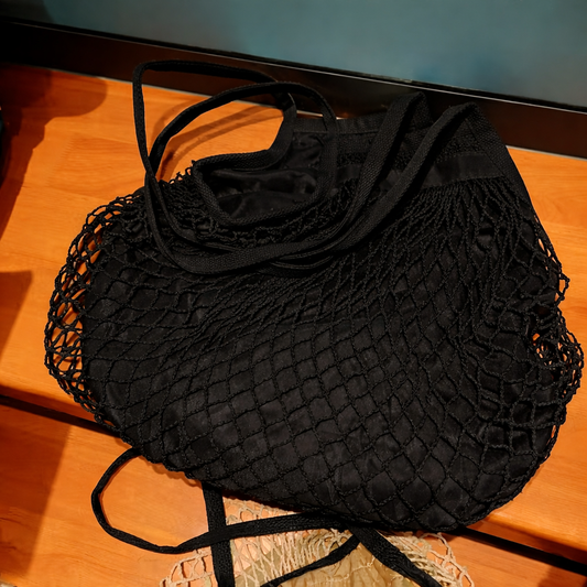 black string mesh reusable tote bag