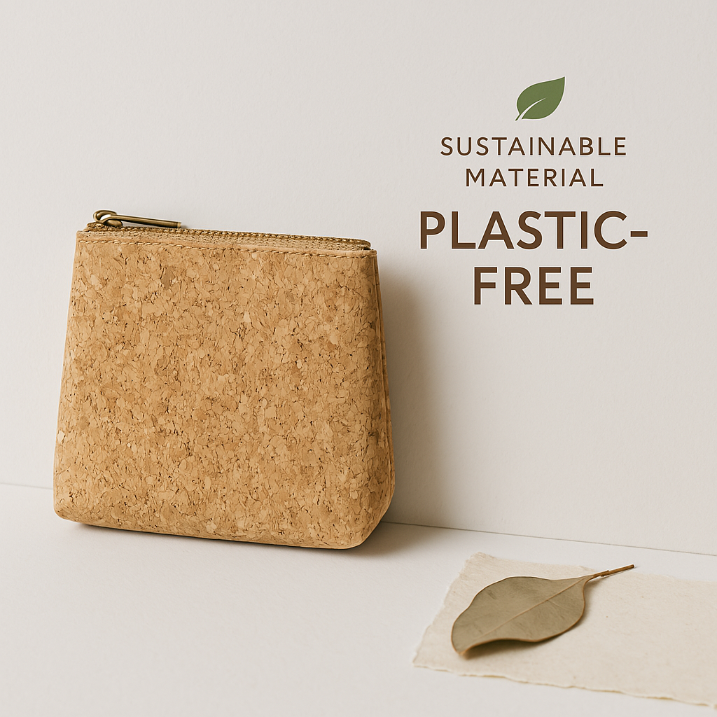 image of cork back with words Sustainable Material Plastic Free
