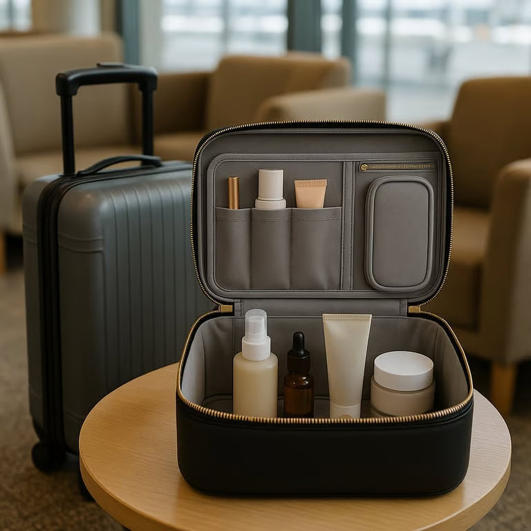 open toiletries travel bag MERRY next to suitcase