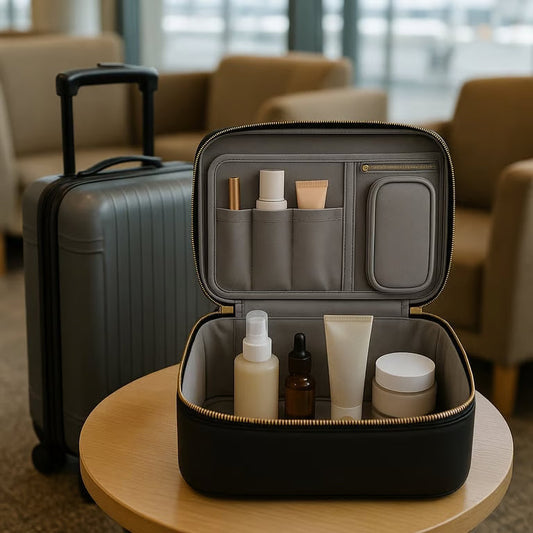 open toiletries travel bag MERRY next to suitcase
