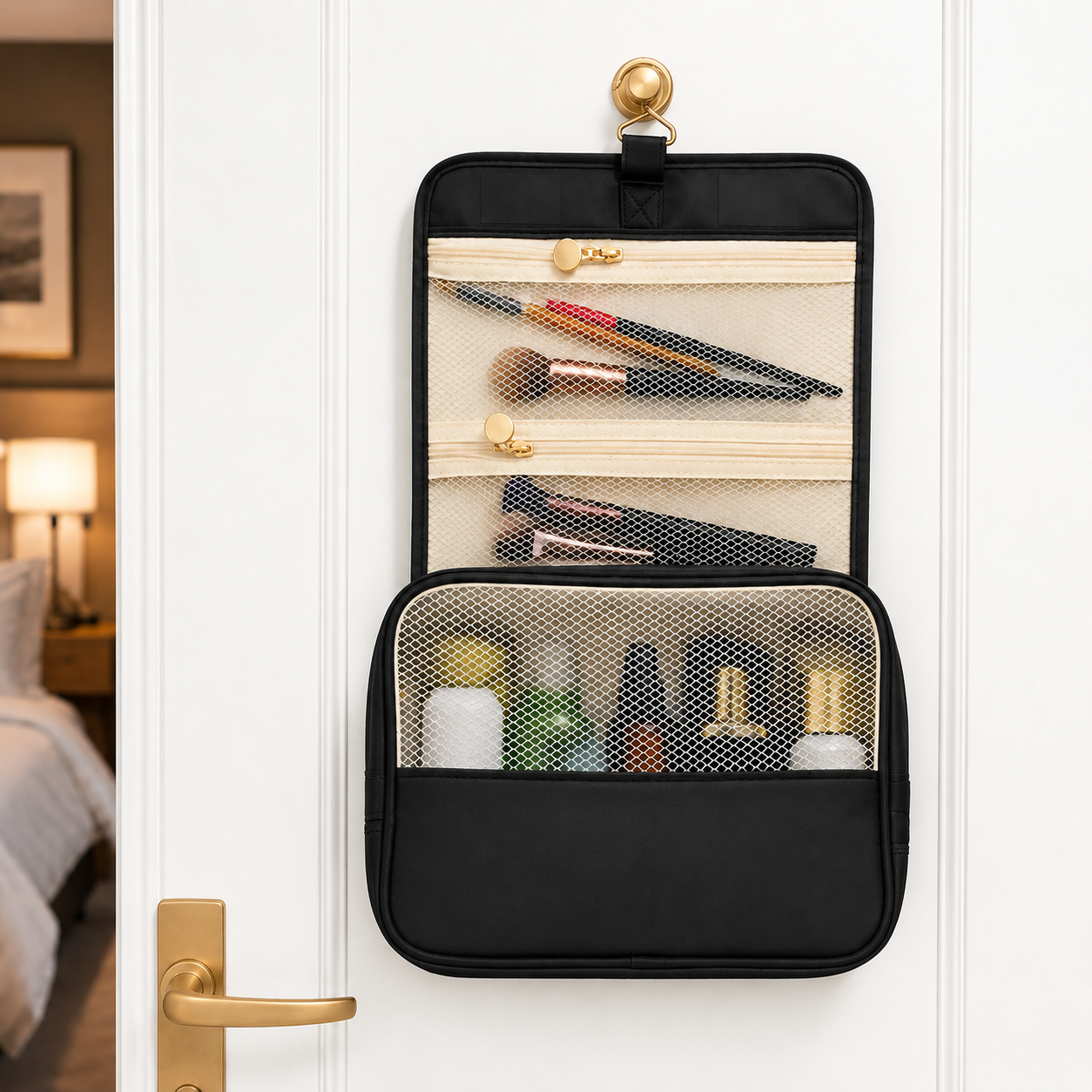 Black travel organizer with toiletries hanging on a door handle.