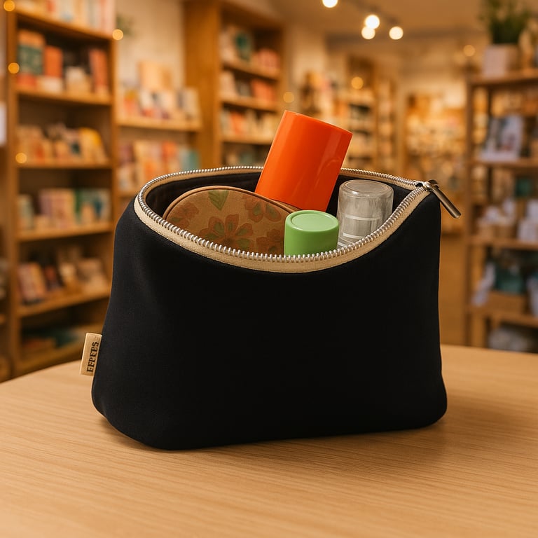 EMMA cosmetics pouch with products in gift store