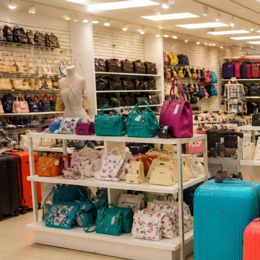stand of travel toiletry bags and pouches in luggage travel store