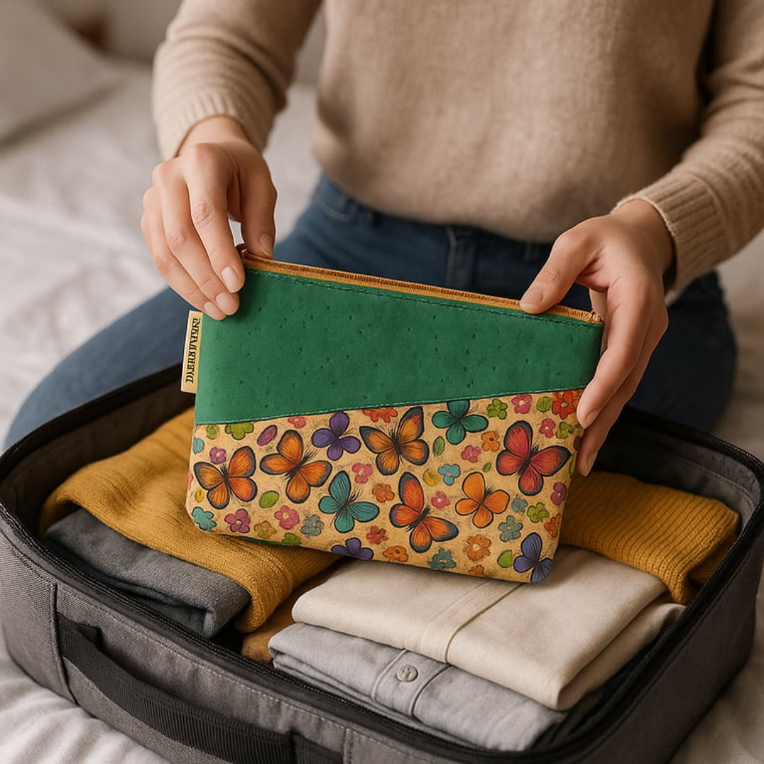 CORKSTORE cosmetics pouch being packed into a suitcase