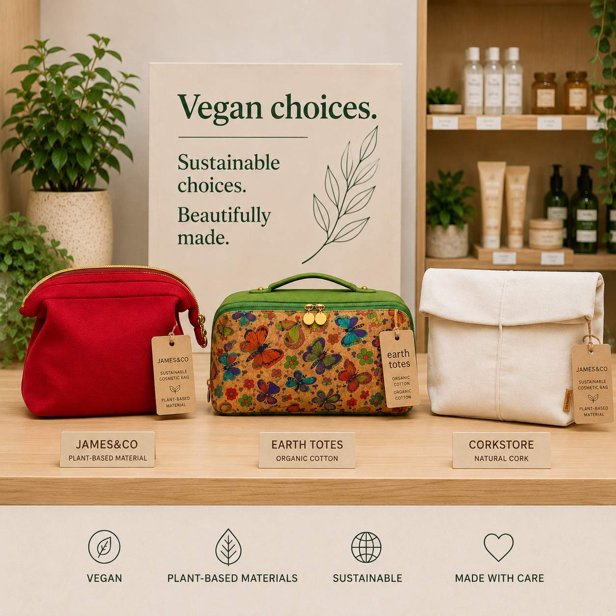 vegan cosmetic bags in eco canvas, cork, washable paper