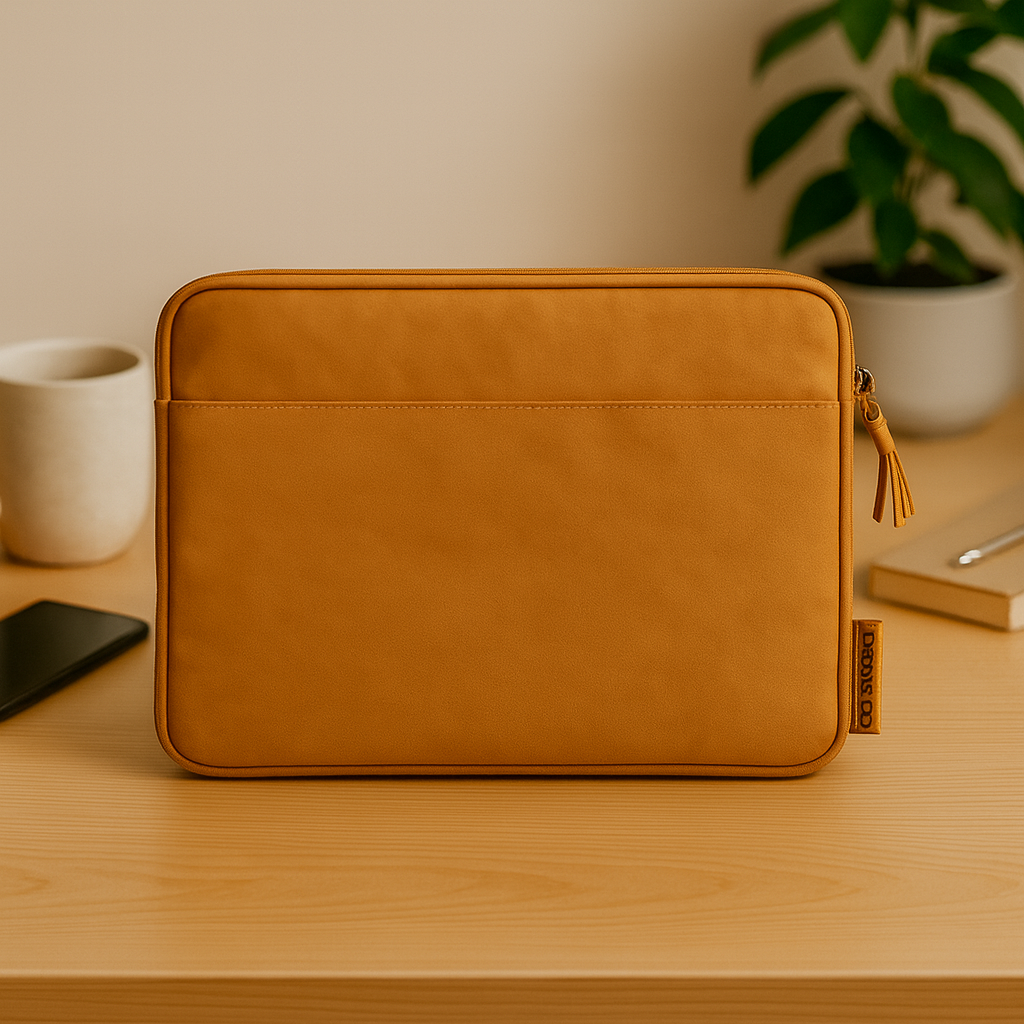 Brown leather pouch on a wooden surface with a blurred background