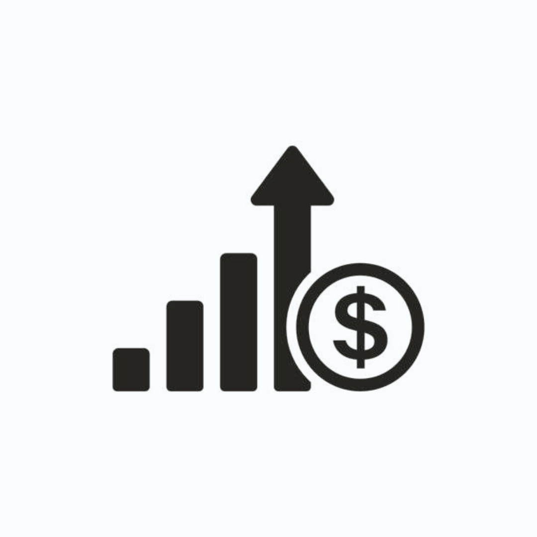 Black bar graph with an upward arrow and a dollar sign on a white background
