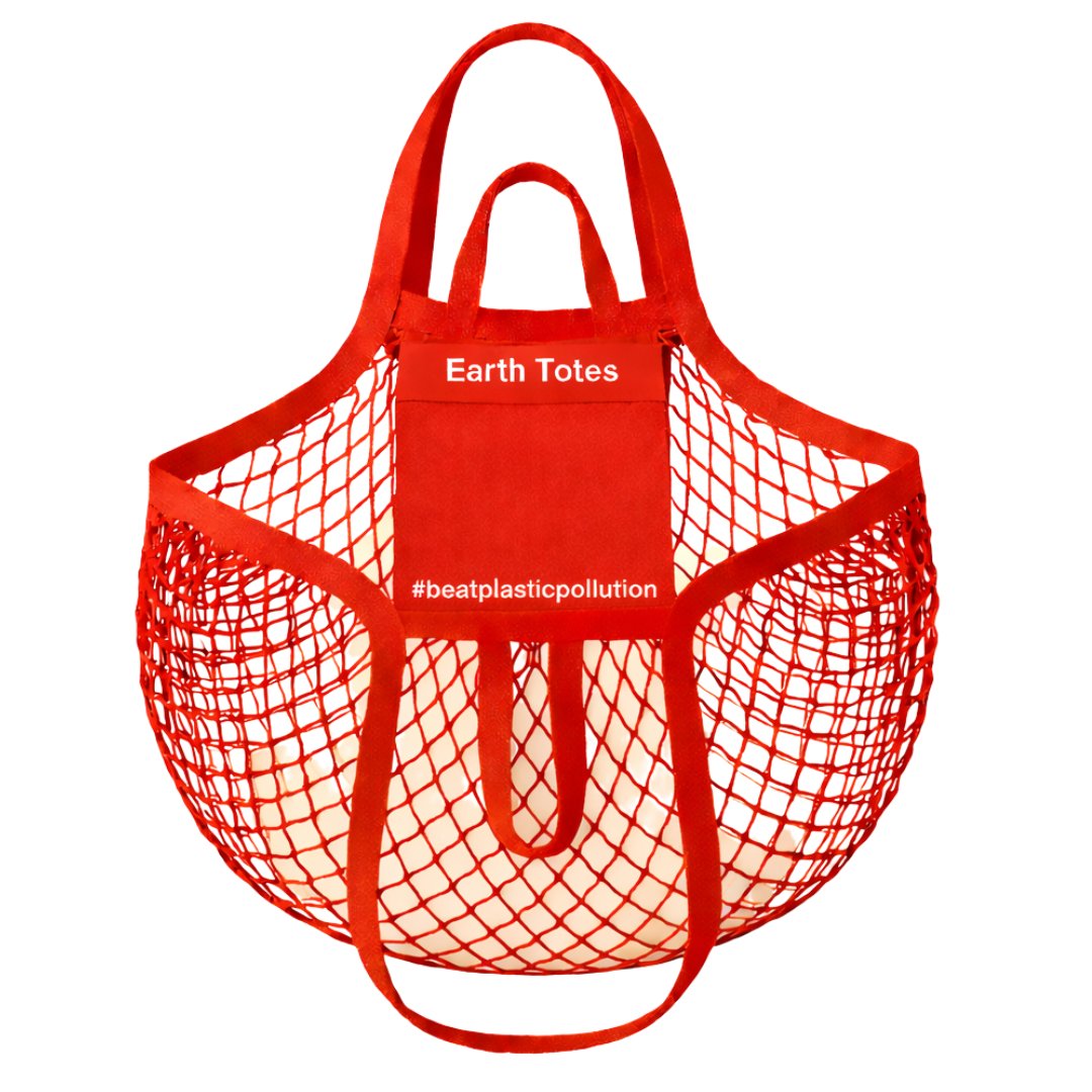 CANDY organic cotton mesh tote with red handles and zip pocket — Earth Totes