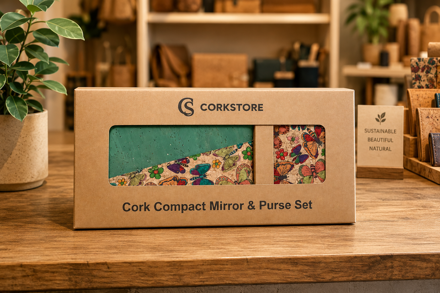 CONNIE sustainable cosmetic bag and mirror set in retail display box on shop counter — FSC cork natural