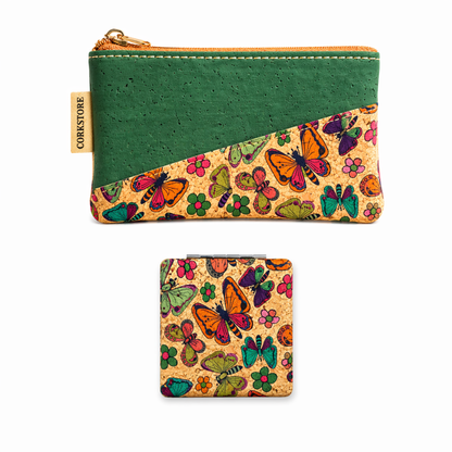 CONNIE compact pouch and mirror set green cork and butterfly pattern shown separately