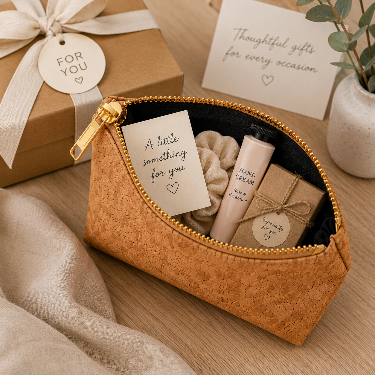 A tan textured zippered pouch with a gold zipper and pull, shown open on a wooden surface and filled with gift items including a cream scrunchie, a hand cream tube, a small wrapped box, and cards. A brown gift box with a white ribbon sits nearby, along with a small plant and a card that reads 'Thoughtful gifts for every occasion'.