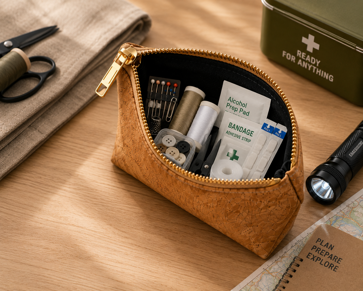 A tan cork-textured zippered pouch with a gold zipper, shown open on a wooden tabletop and filled with survival and first-aid style items including a flashlight, bandages, needles, and thread. A green metal can labeled 'READY FOR ANYTHING' is partially visible in the background.