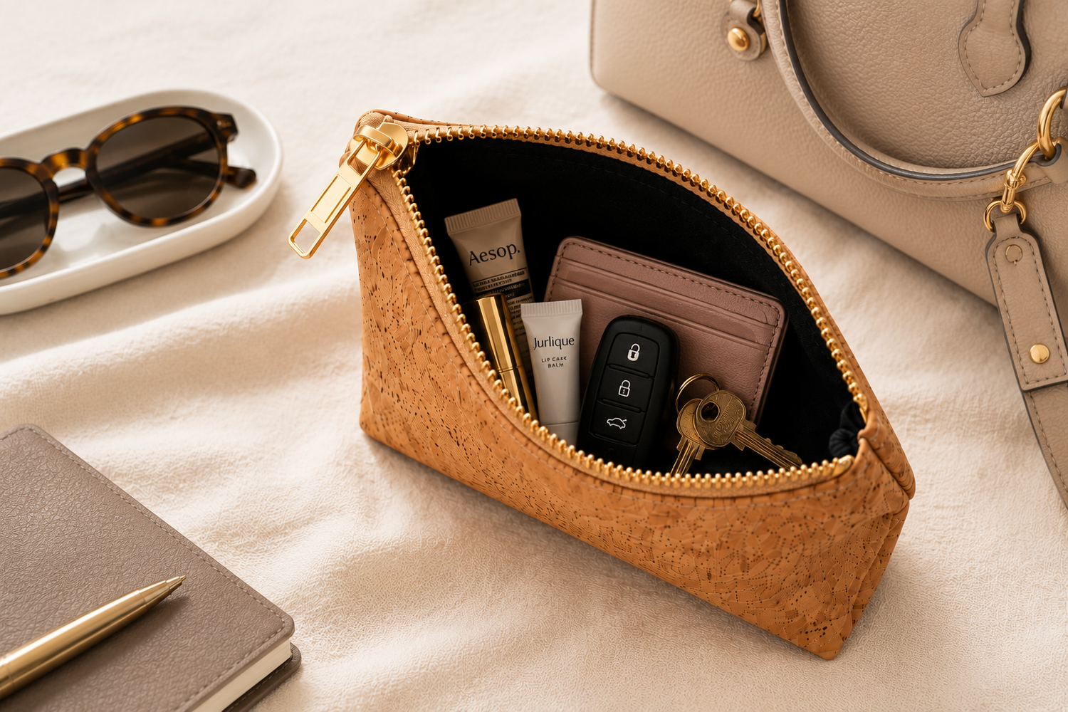 A tan cork-textured zippered pouch with gold-tone hardware, shown open on a cream fabric surface with sunglasses, a notebook, keys, and a handbag nearby.