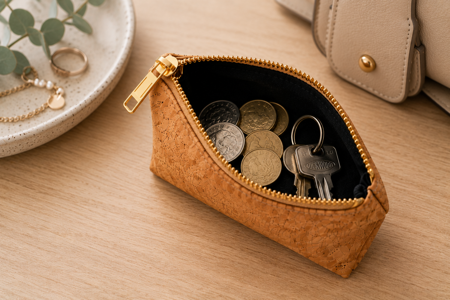A small tan cork-textured zip pouch with gold-tone hardware sits open on a light wood tabletop, filled with coins and keys. A beige handbag and a decorative dish with rings are partially visible around it.