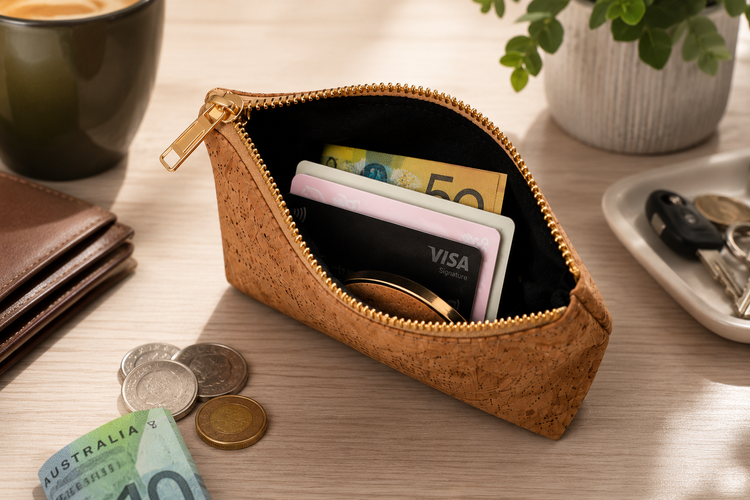 A cork-textured zip pouch with a gold zipper and black interior, shown open on a wooden table with cash, cards, a wallet, coins, keys, and a plant nearby.
