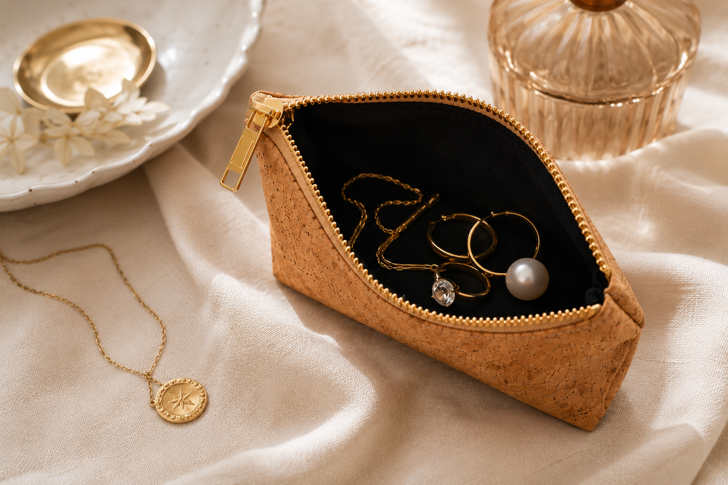 A tan cork-textured zip pouch with a black interior and gold zipper, shown open with jewelry inside on draped cream fabric. A gold necklace, rings, and a pearl earring are placed in the pouch, with decorative plates and a glass container in the background.