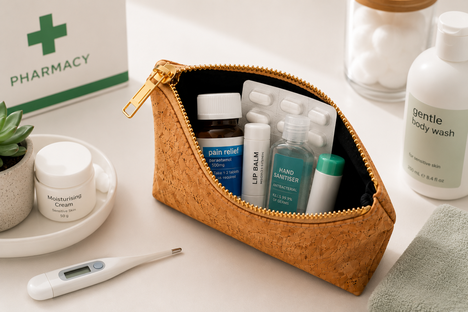 A cork-textured zippered cosmetic pouch with a gold zipper, shown open and filled with skincare items like lip balm, hand sanitizer, and pills. The pouch sits on a light beige tabletop with a thermometer, a small plant, a jar of moisturizer, and other bathroom or pharmacy-themed props around it.