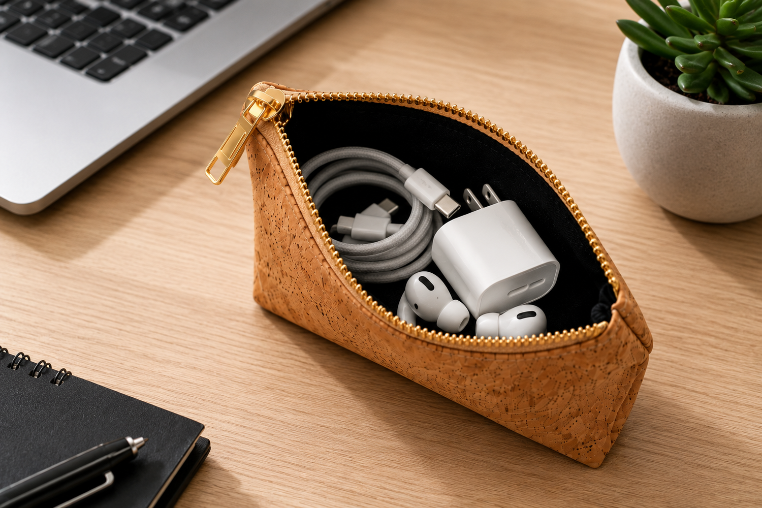 A tan cork-textured zippered pouch with a gold zipper and pull, shown open on a wooden desk with a laptop, notebook, plant, and white electronic accessories inside.