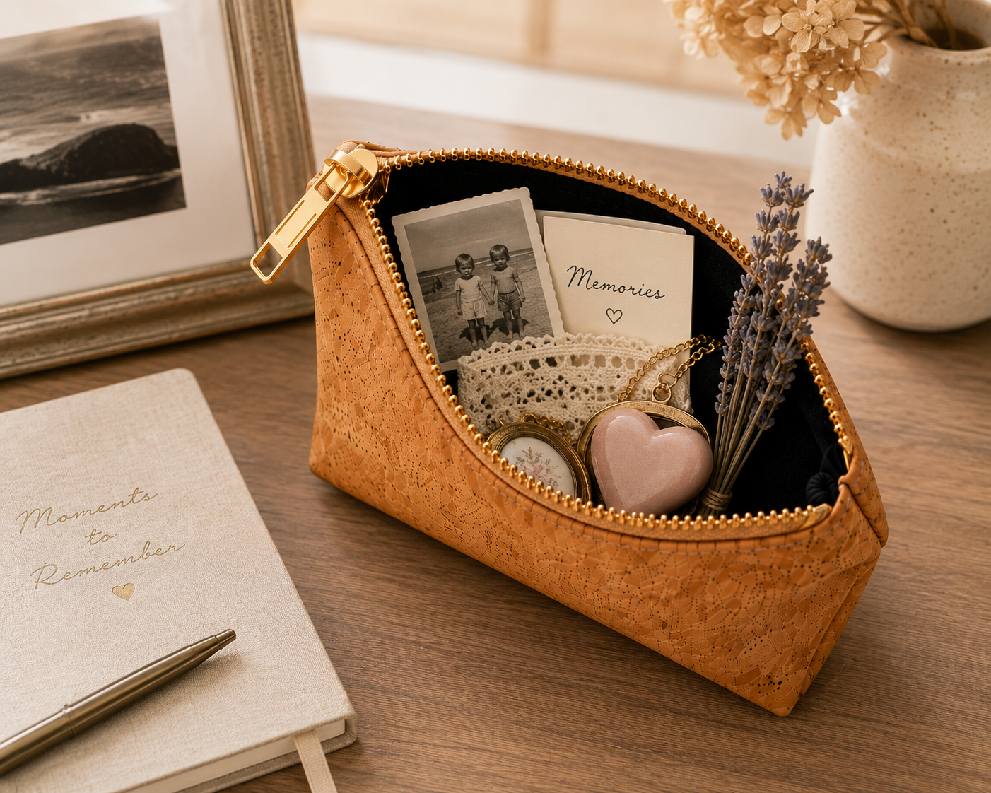 A tan cork-textured zip pouch with a gold zipper, shown open on a wooden tabletop and filled with keepsake items including a photo card, lace, a pink heart-shaped object, and dried lavender. A notebook and framed picture are visible in the background.