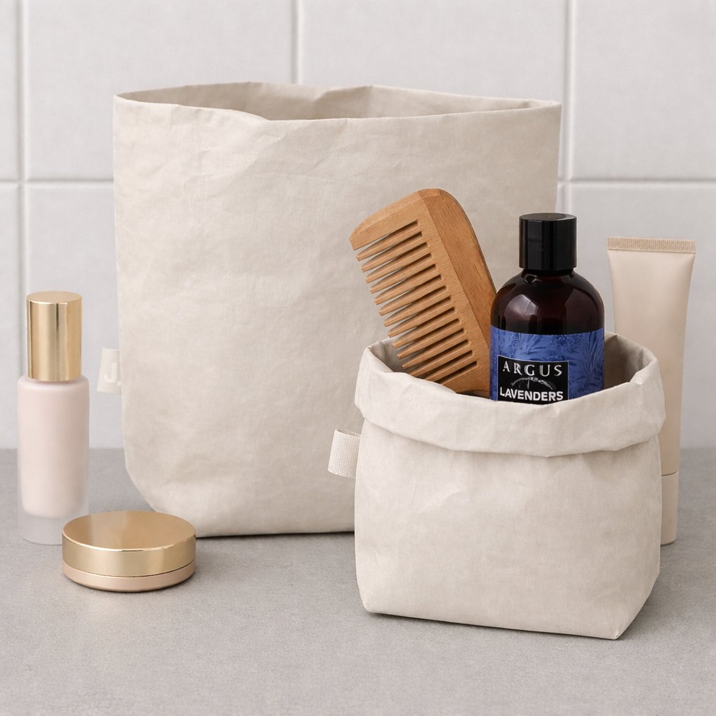 ELSA offwhite toiletries cosmetic bag standing open and half open with products