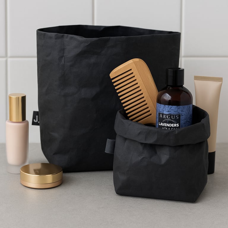 Black toiletry bag with grooming products including a comb, bottle, and tube on a light surface.
