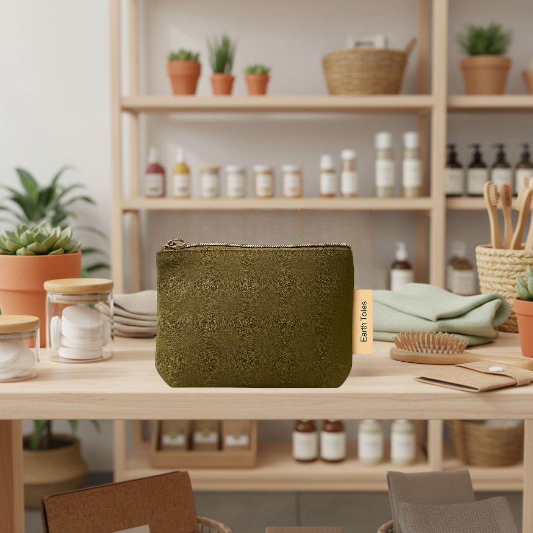 Green pouch on a wooden table with a shelf of products in the background