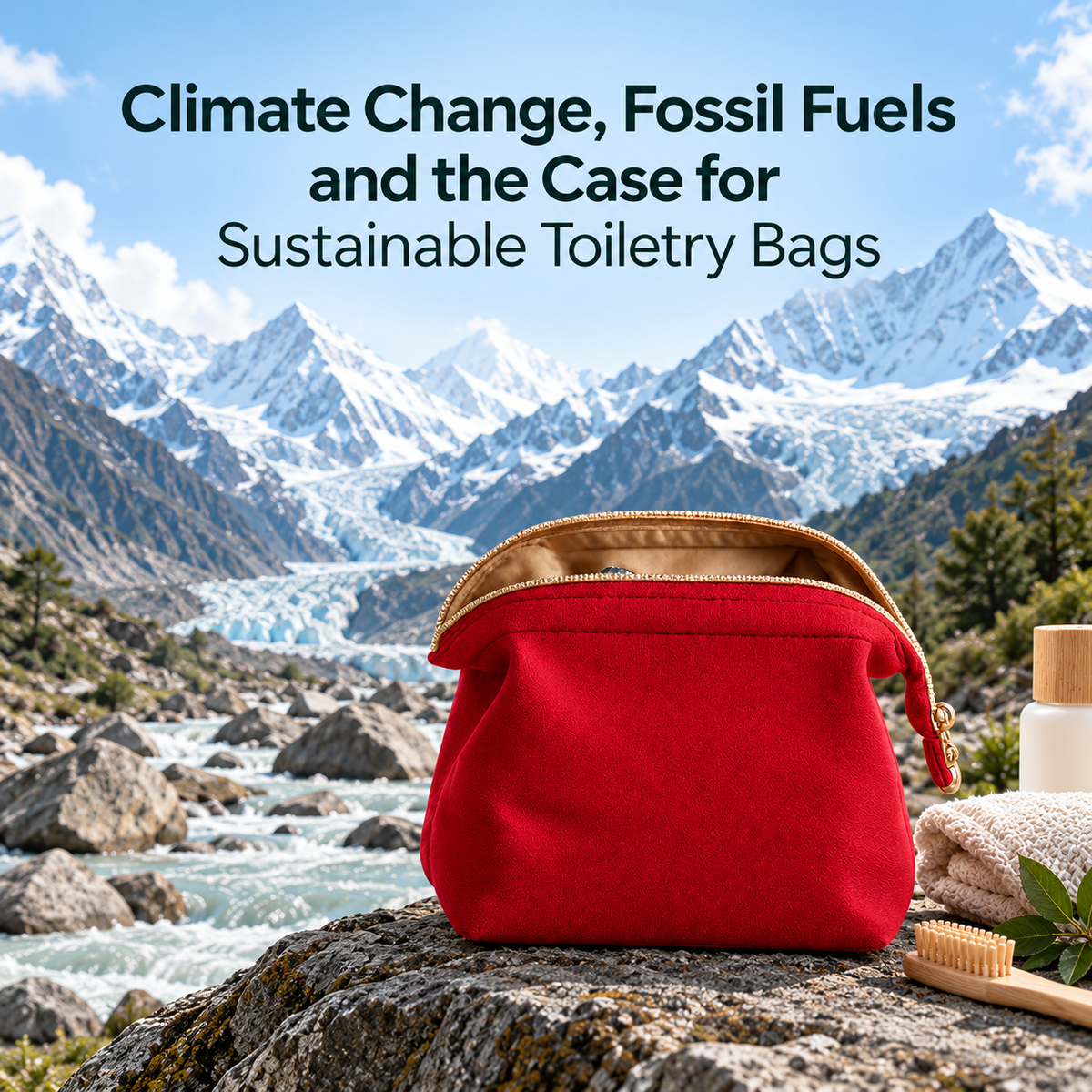 A red toiletry bag with a tan interior and zipper sits on a rocky mountain stream, with text reading 'Climate Change, Fossil Fuels and the Case for Sustainable Toiletry Bags' above it. A rolled towel, bottle, and brush are partially visible beside it, and snowy mountains fill the background.