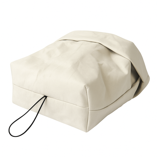 Beige travel bag with a drawstring on a white background