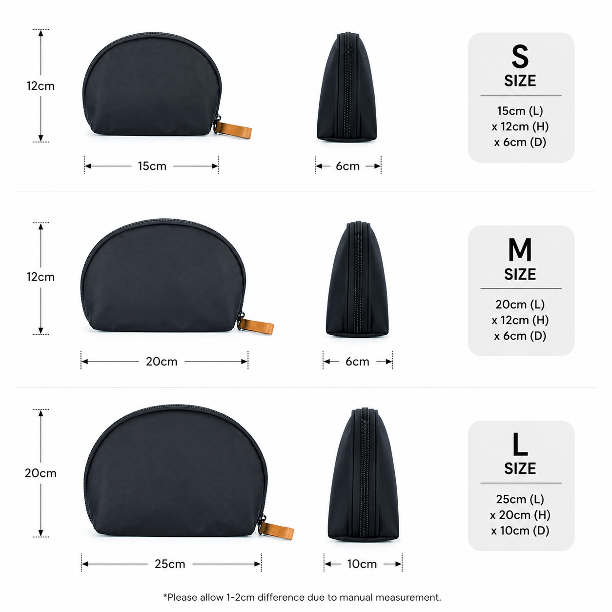 CARA dimensions of S, M, L canvas cosmetics pouch