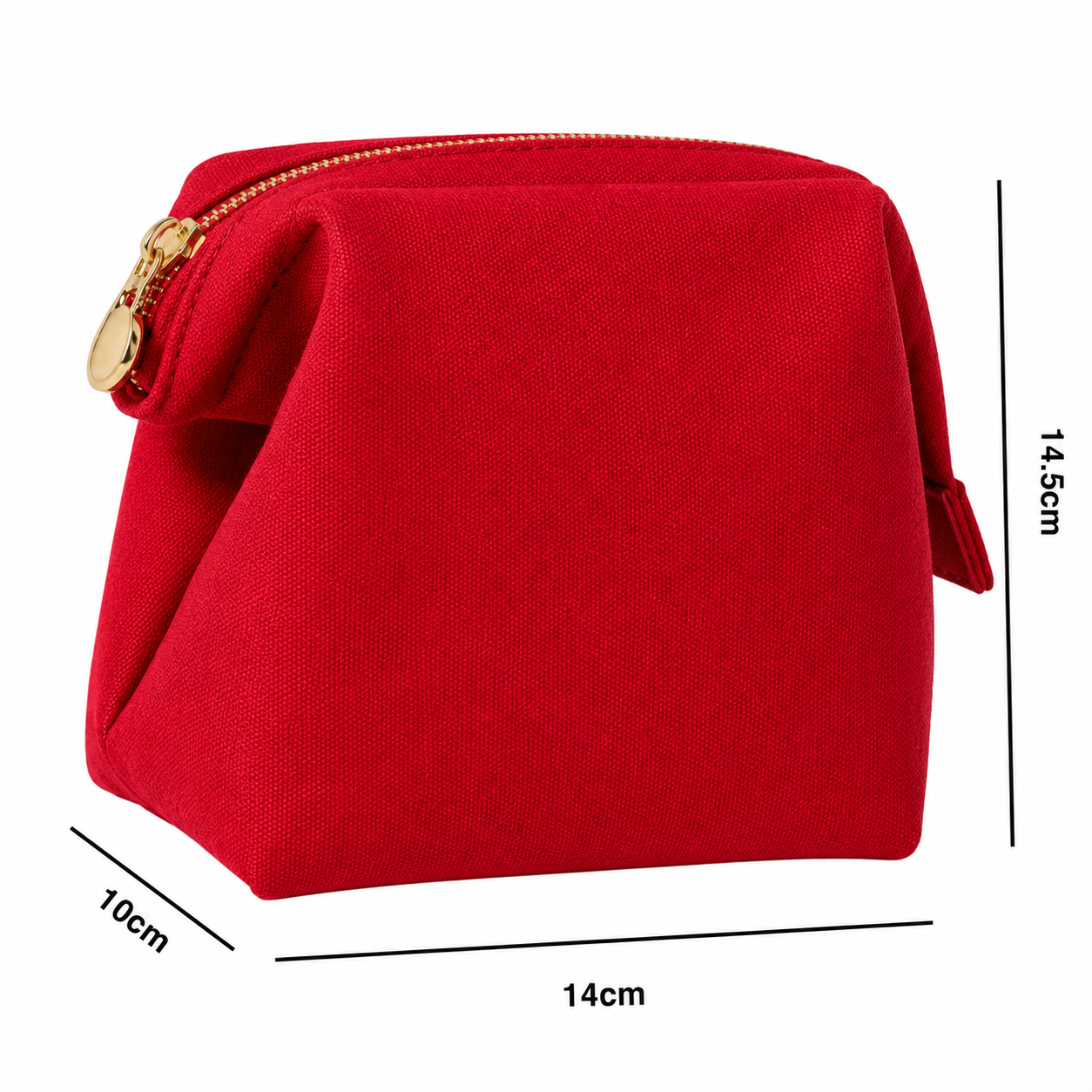 vertical cosmetics bag LIBBY in red canvas showing dimensions