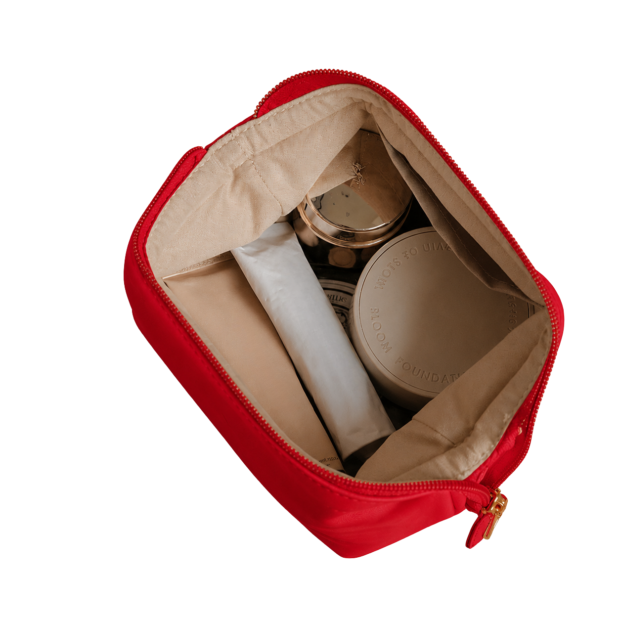 Open view LIBBY washable paper red cosmetics makeup bag with makeup items
