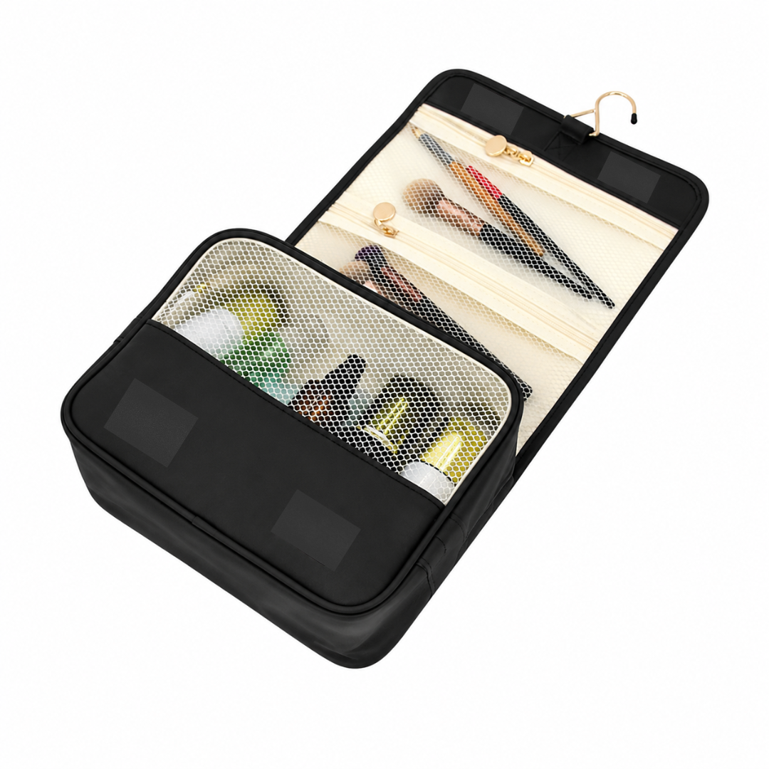 BEC hanging travel toiletry bag open showing makeup cosmetics items