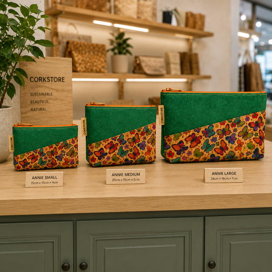ANNIE sustainable cosmetic bag set small, medium, and large on retail counter — FSC cork natural
