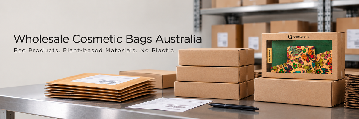 image of warehouse with boxes and envelopes and CORKSTORE product. Wholesale Cosmetic Bags Australia. Eco Products. Plant-based Materials. No Plastic.