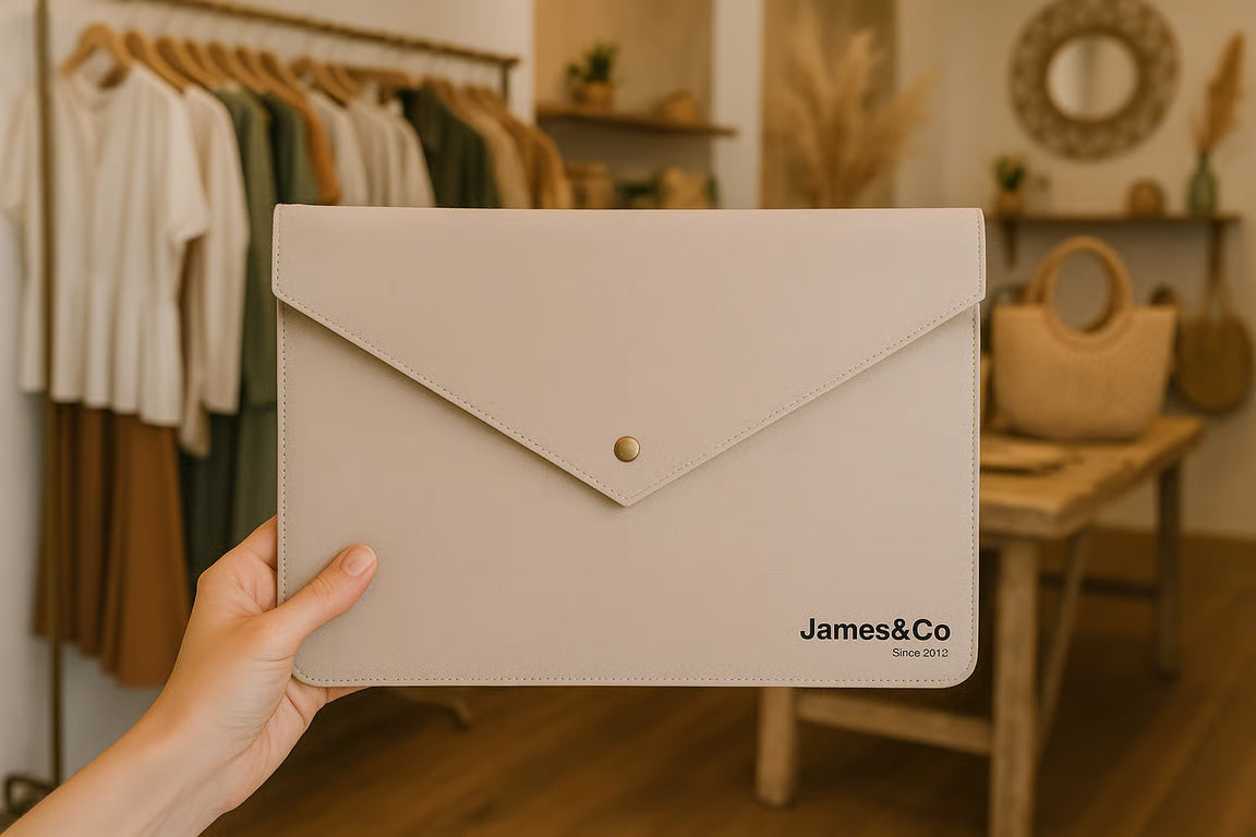 Beige envelope clutch held in front of a clothing store with 'James&Co' branding.