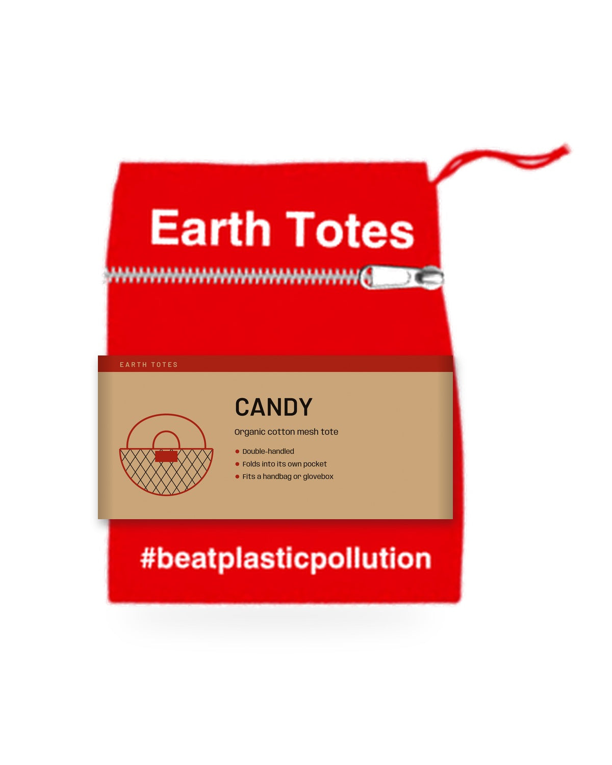 String mesh bag CANDY folded into its internal zippered pocket showing attached string for storage/hanging with wrap-around display paper band. 