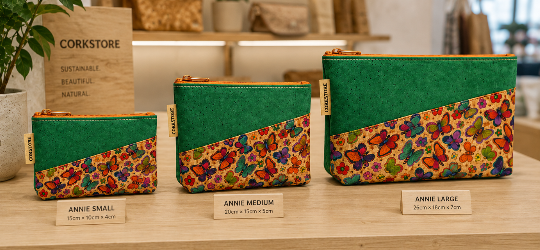 Three green and multicolor butterfly-print zip pouches in small, medium, and large sizes displayed on a wooden table with size labels in front of them. A corkboard sign reading CORKSTORE is visible in the background.