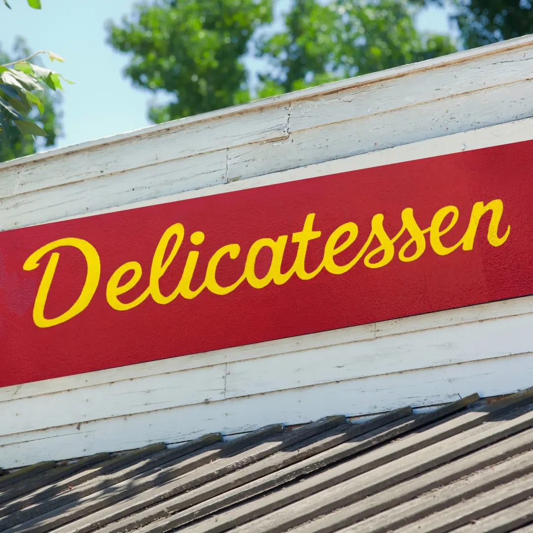 image of Delicatessen sign on top of deli store