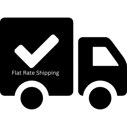 Icon of a delivery truck with a checkmark and 'Flat Rate Shipping' text on a white background