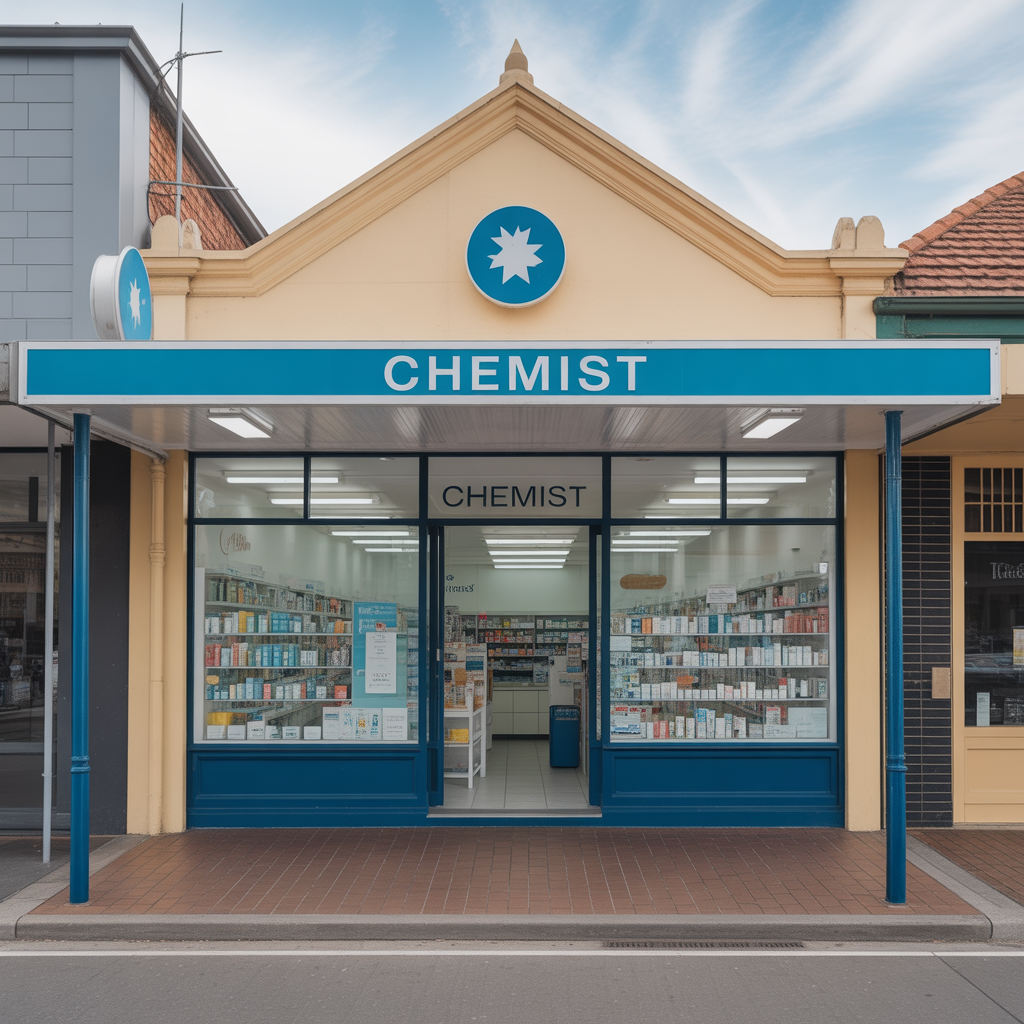Chemist store with blue and beige facade on a clear day