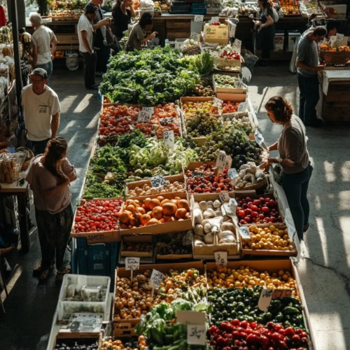 People shopping at an outdoor farmers market with a variety of fresh produce.